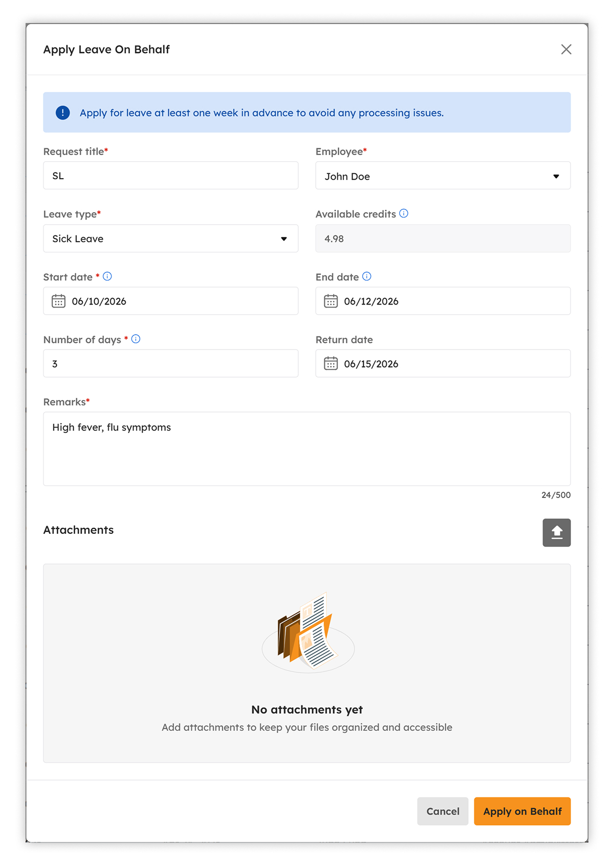Apply for sick leave on behalf modal