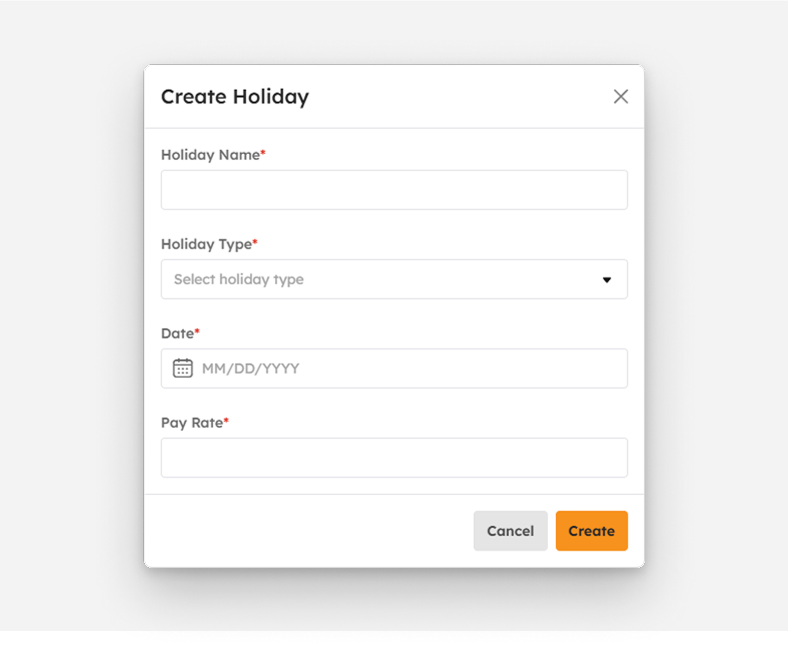 Create Holiday modal