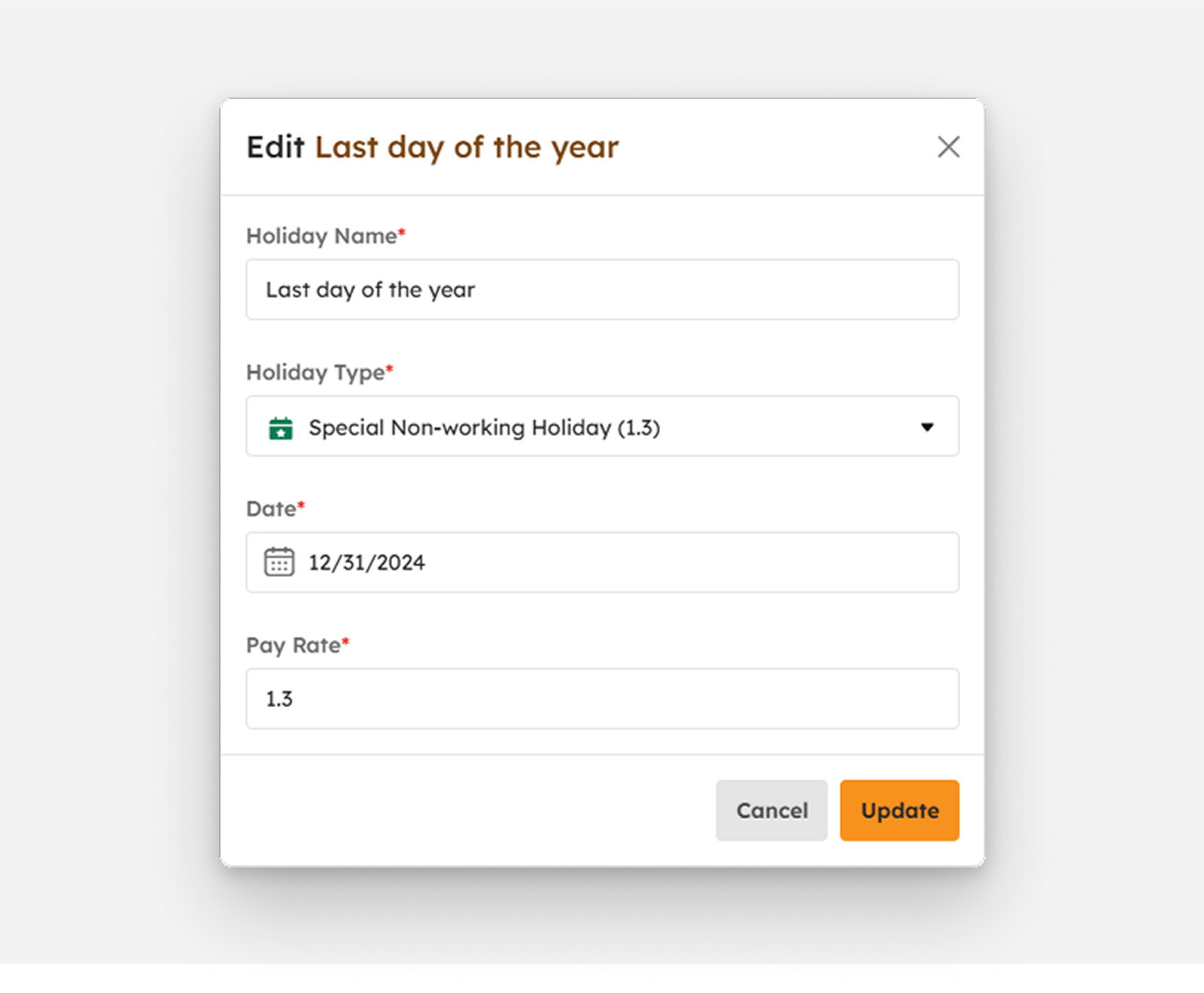 Edit Holiday modal