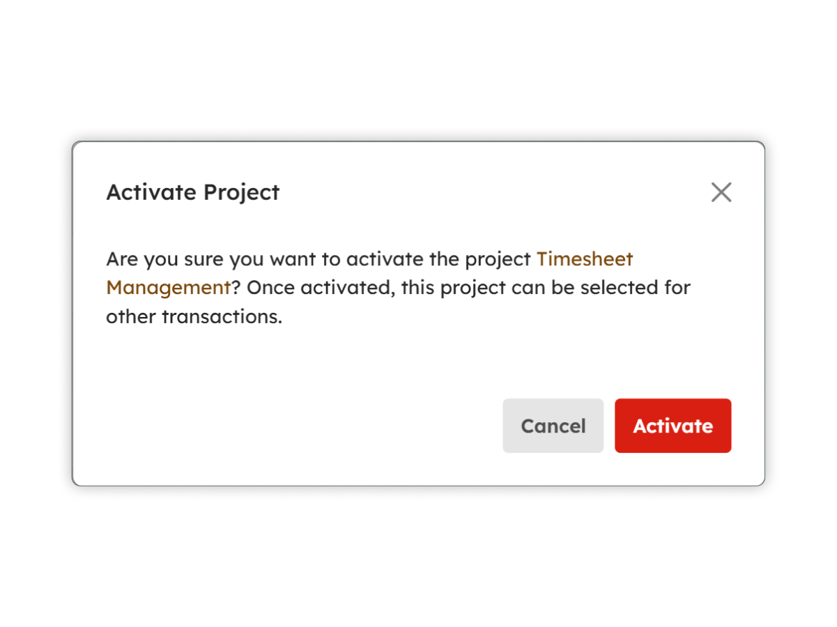 Activate Project modal