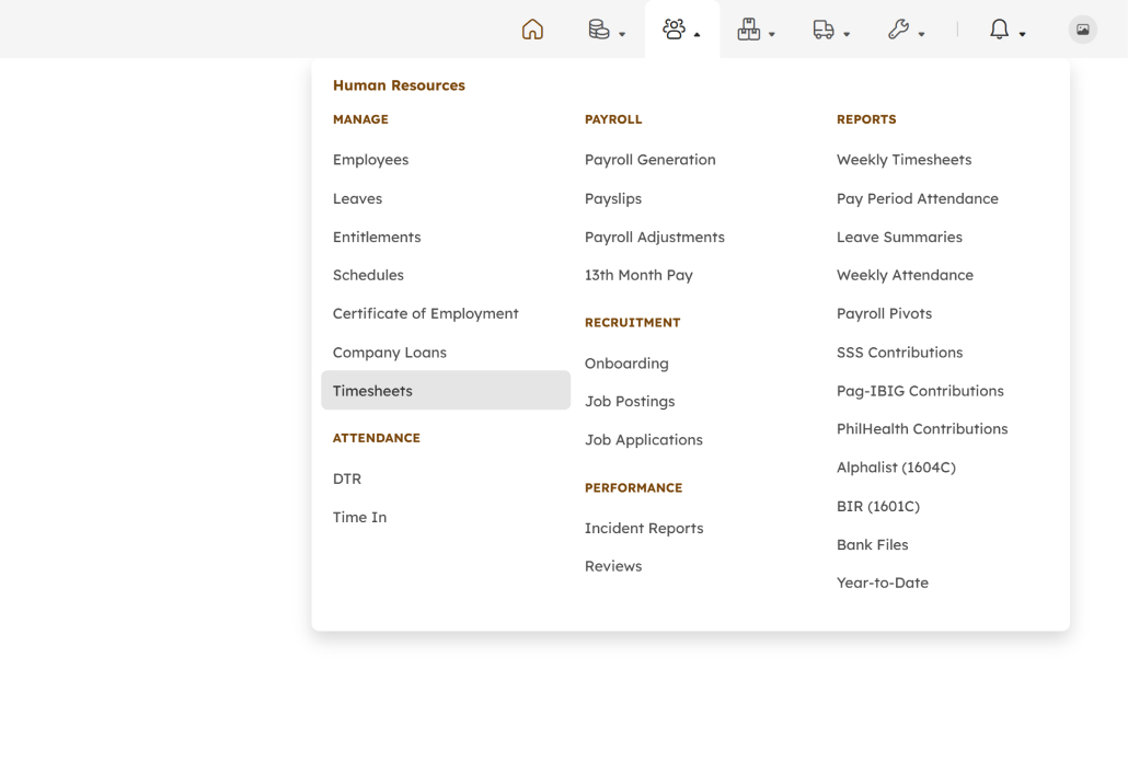 Timesheets menu item