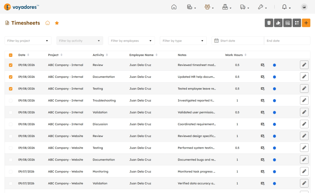Timesheets page selected