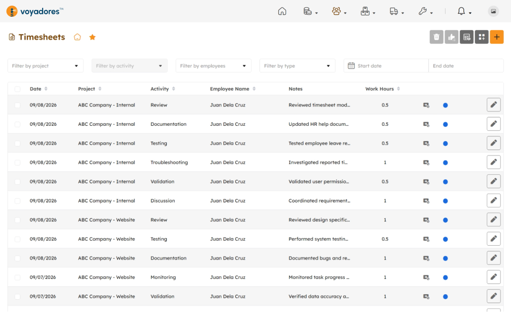 Timesheets page