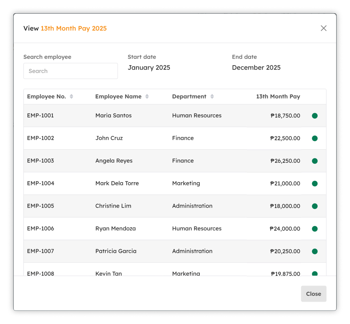 View 13th Month Pay modal