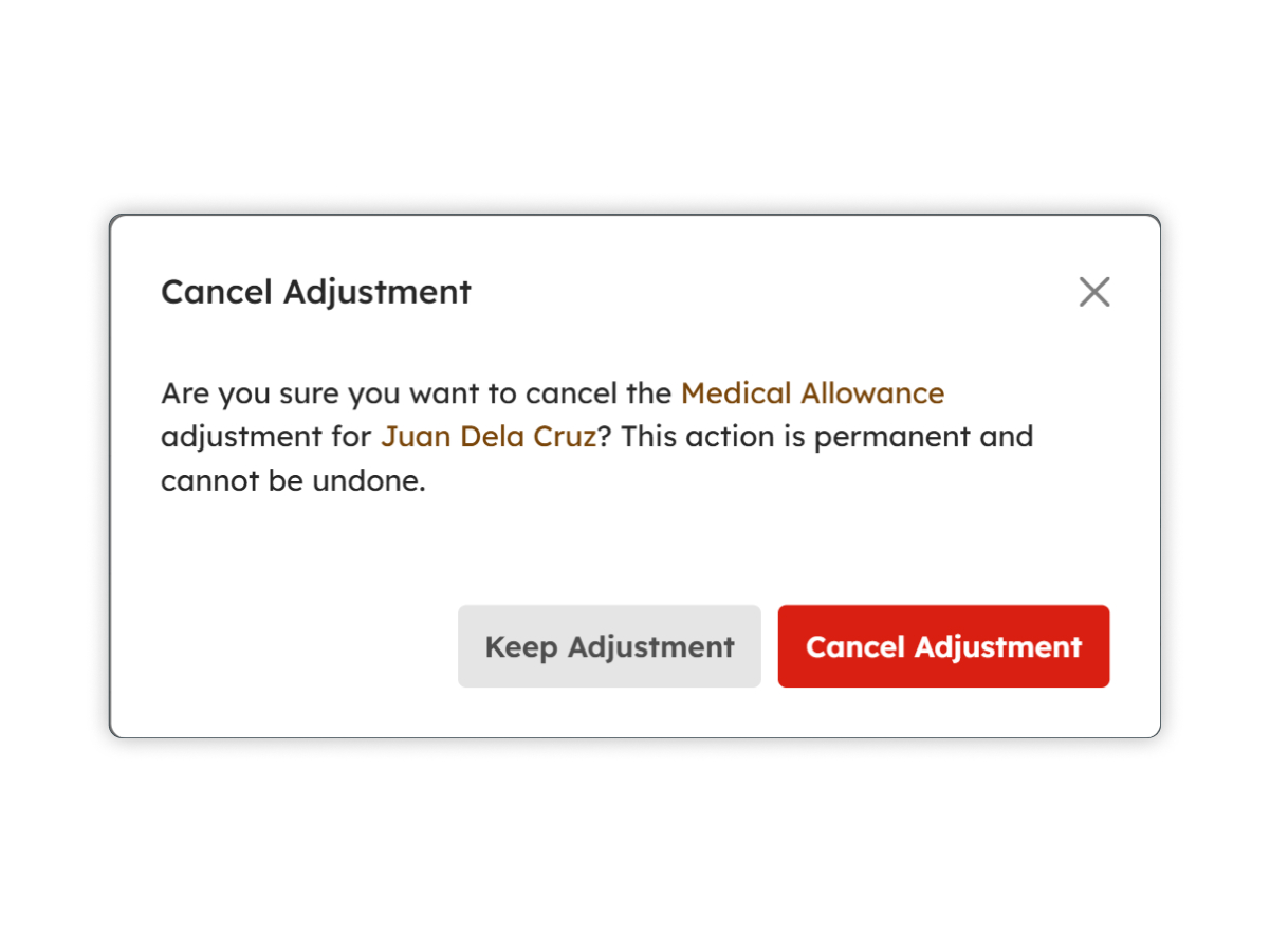Cancel Payroll Adjustment modal