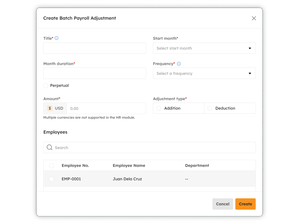 Create Batch Payroll Adjustment modal