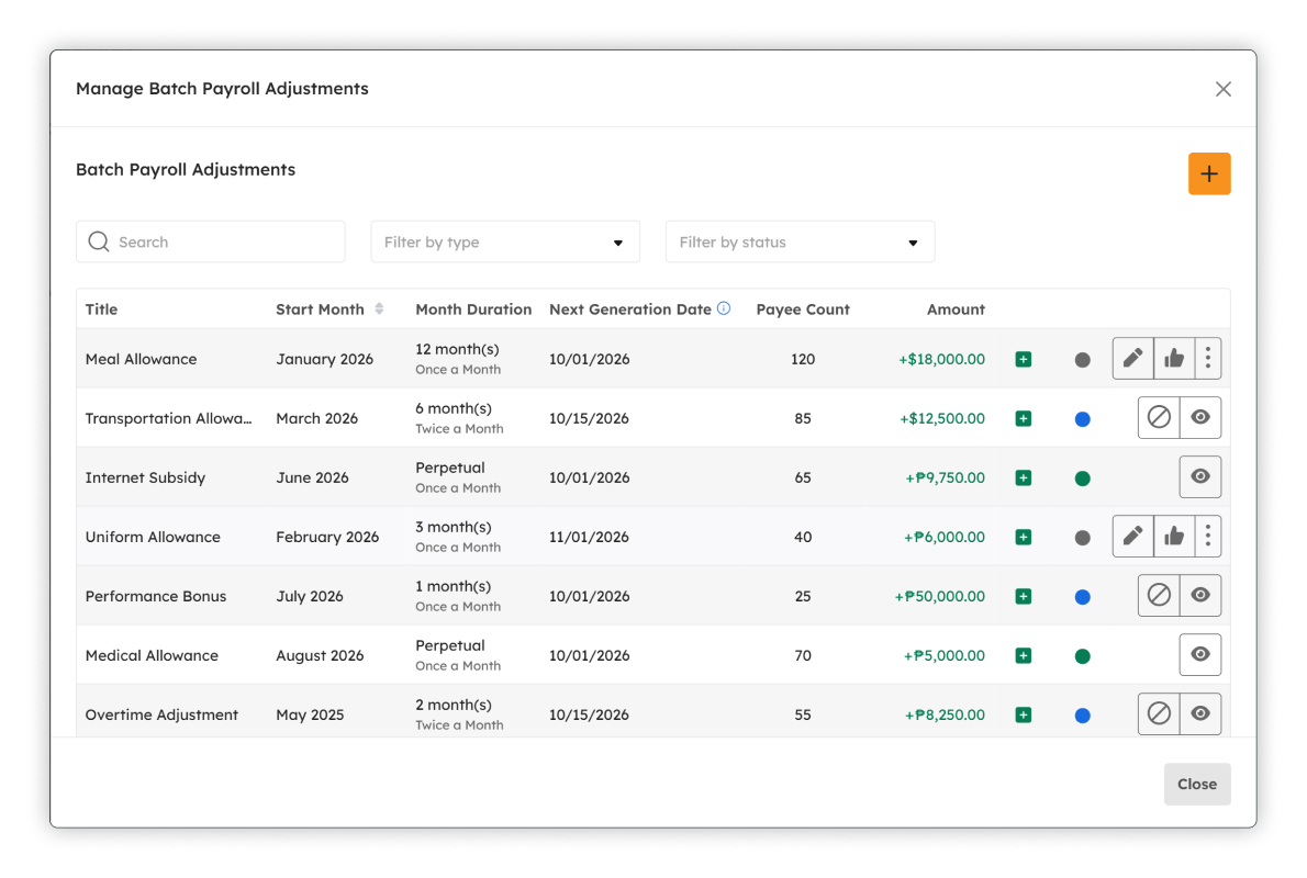 Manage Batch Payroll Adjustment modal