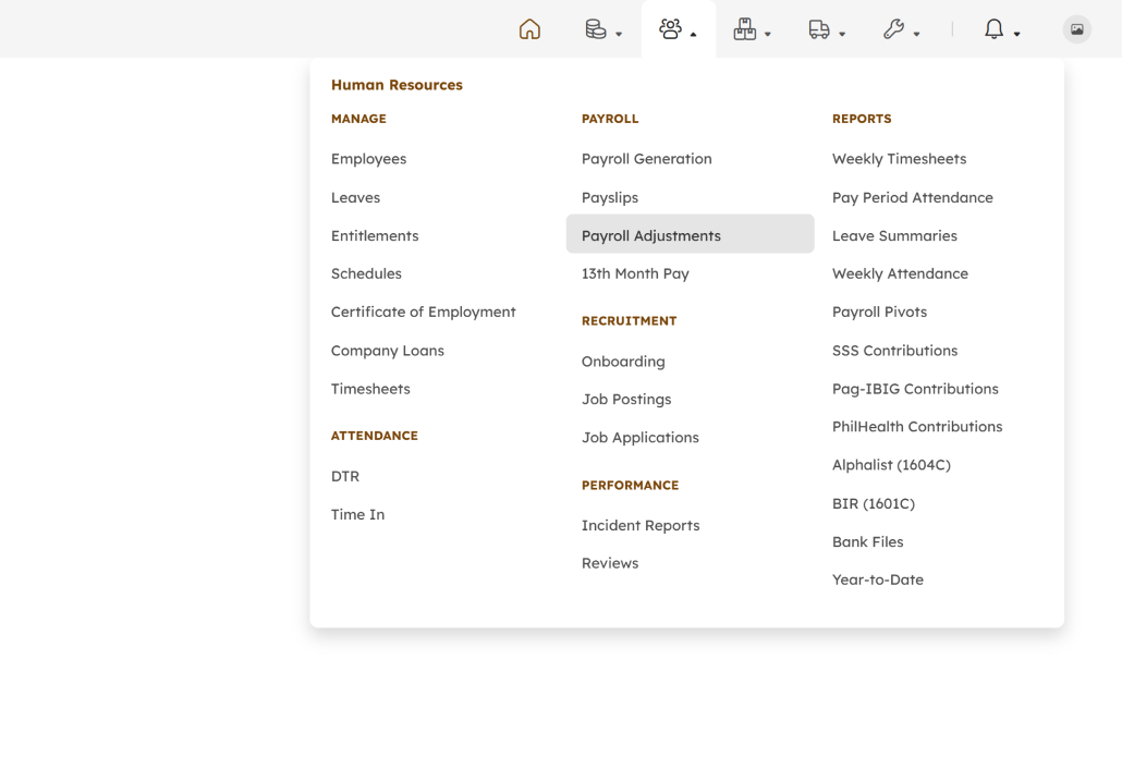 Payroll Adjustments menu item