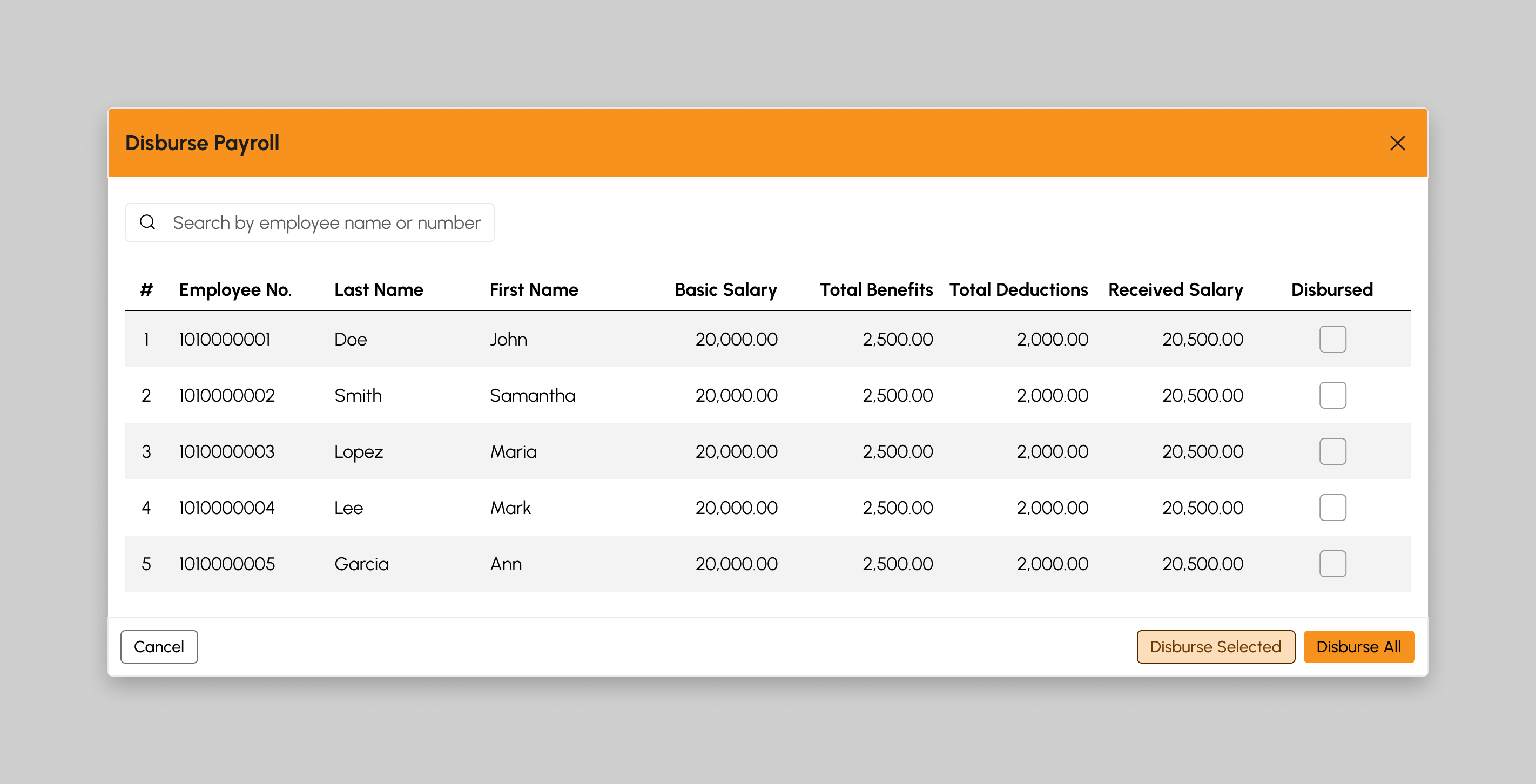 Disburse Payroll modal