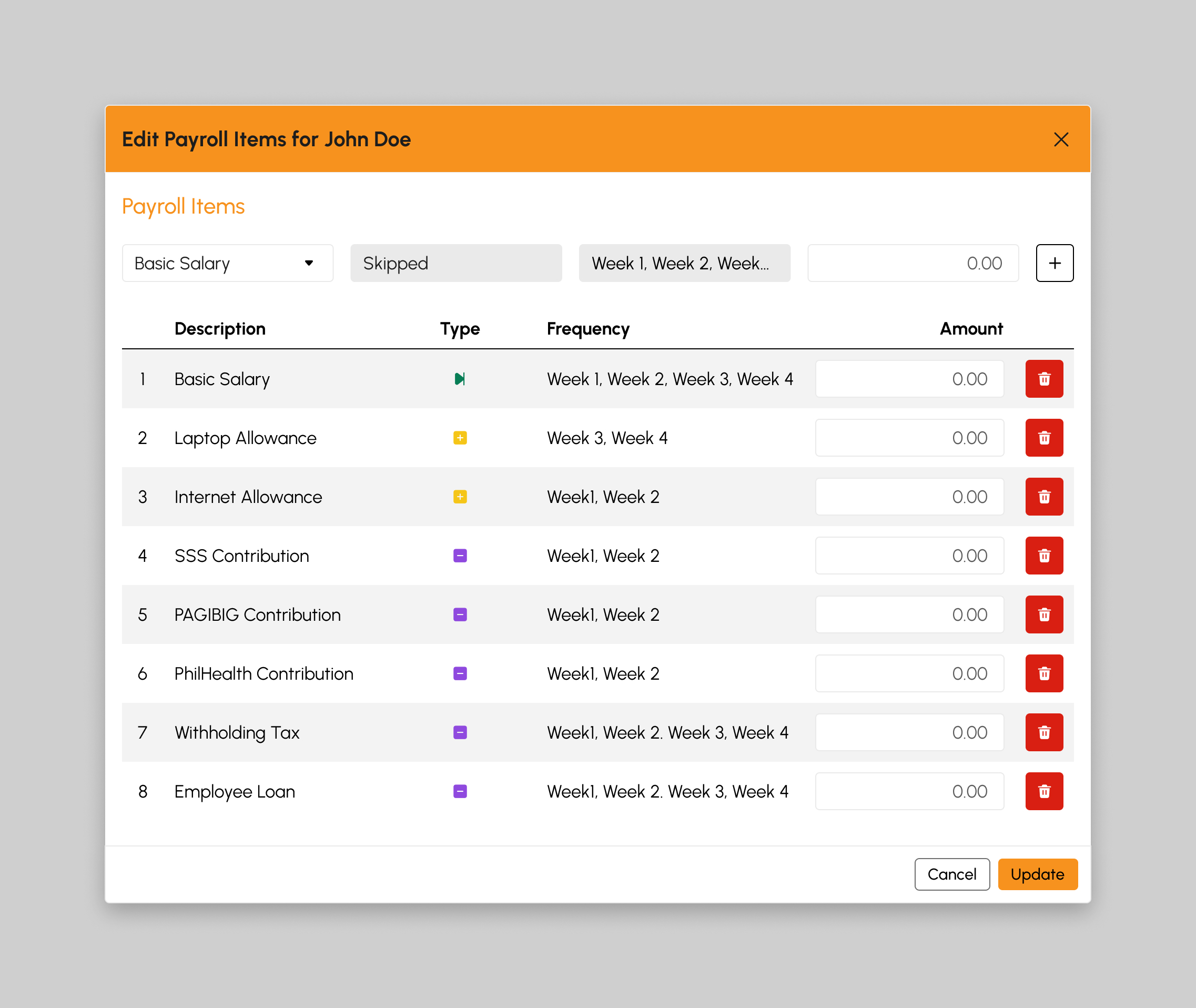 Edit Payroll Items modal