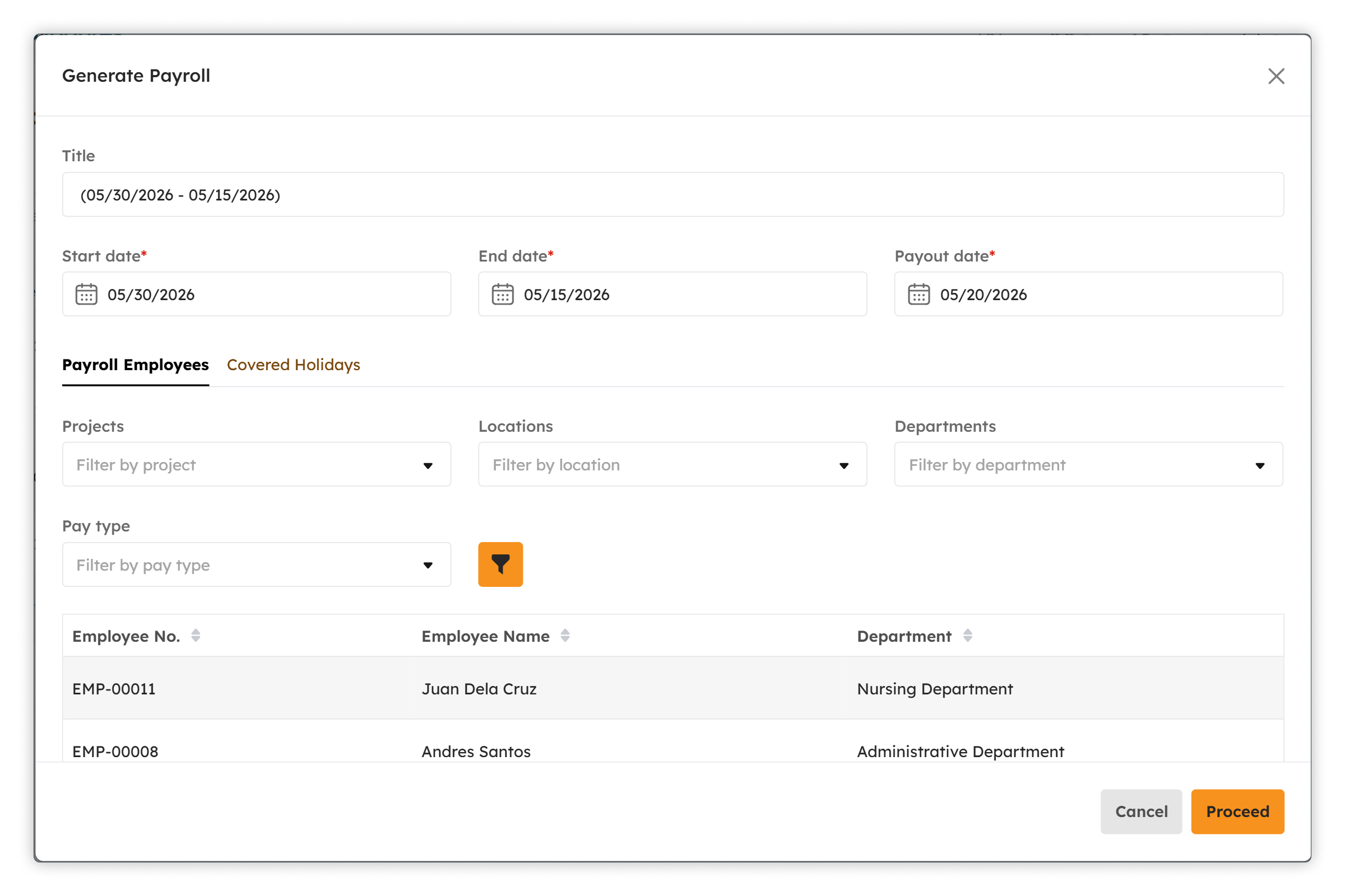 Generate Payroll modal