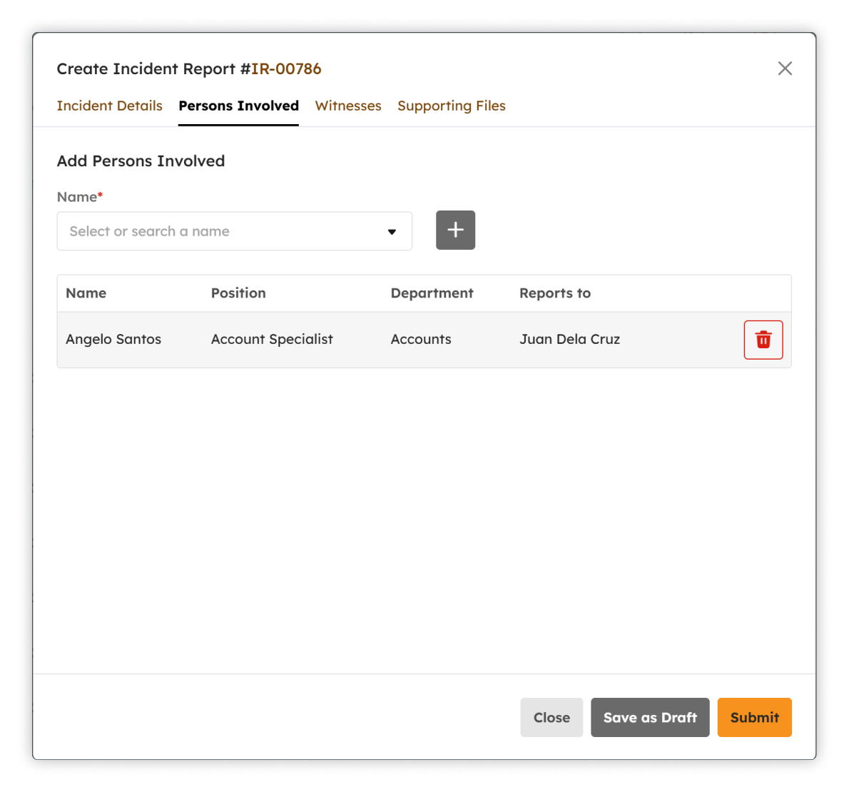 Create IR Persons Involved tab