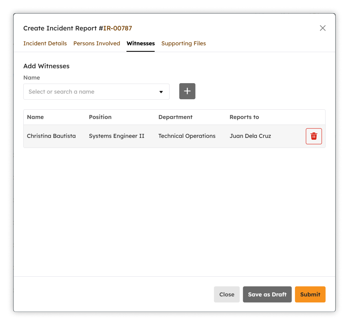 Create IR Witnesses tab
