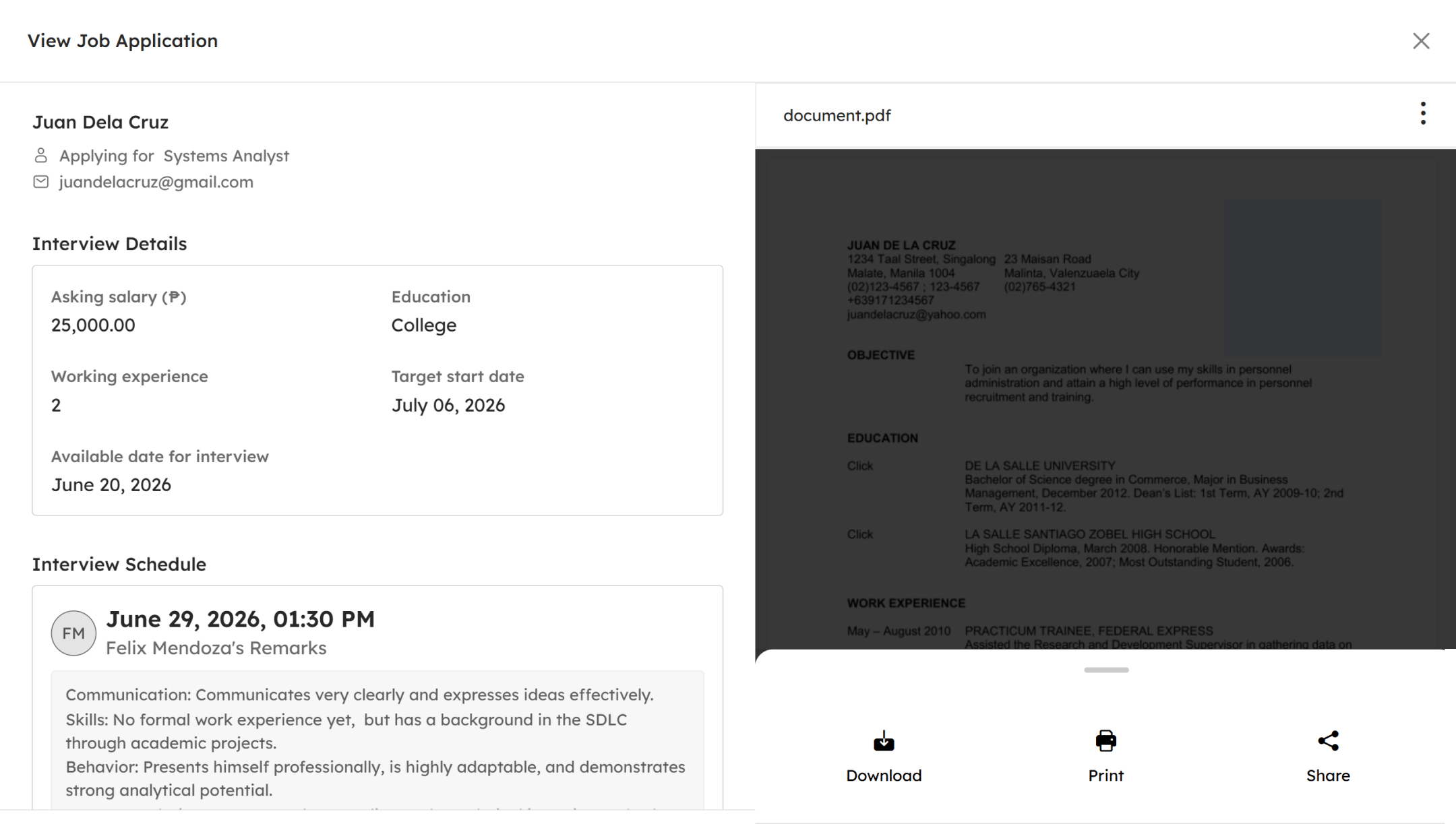 View Job Application modal
