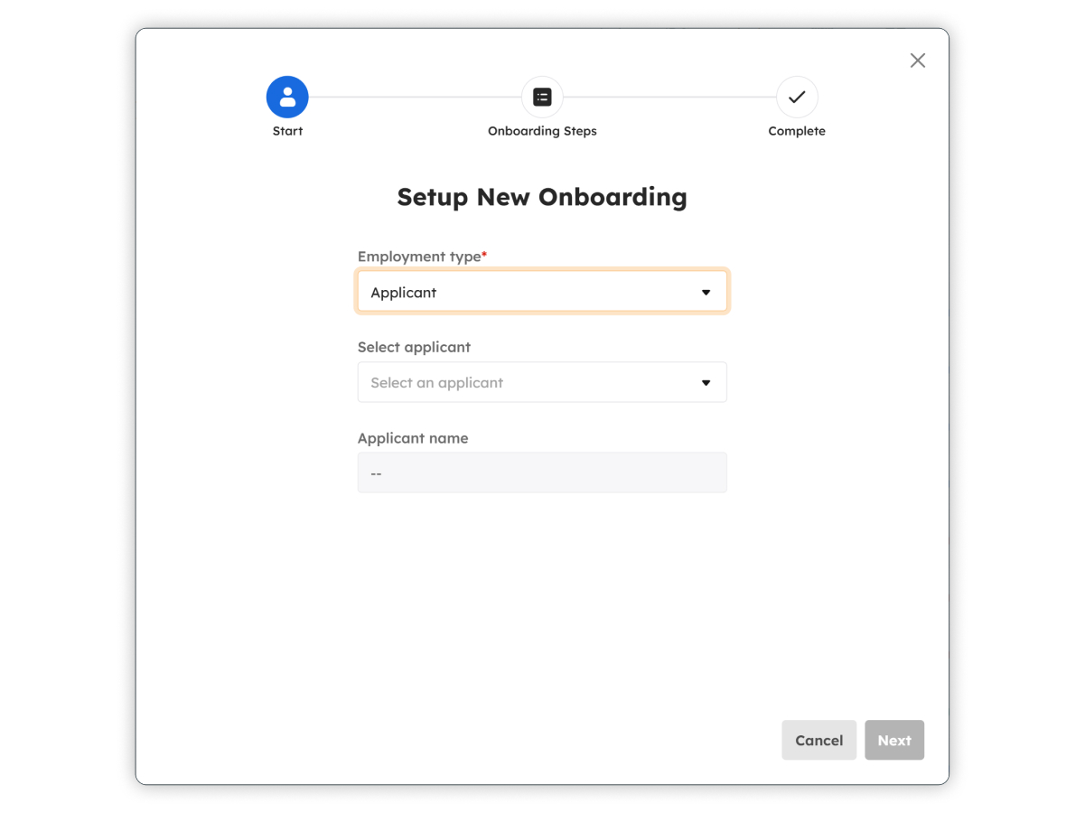 Setup Applicant Onboarding modal