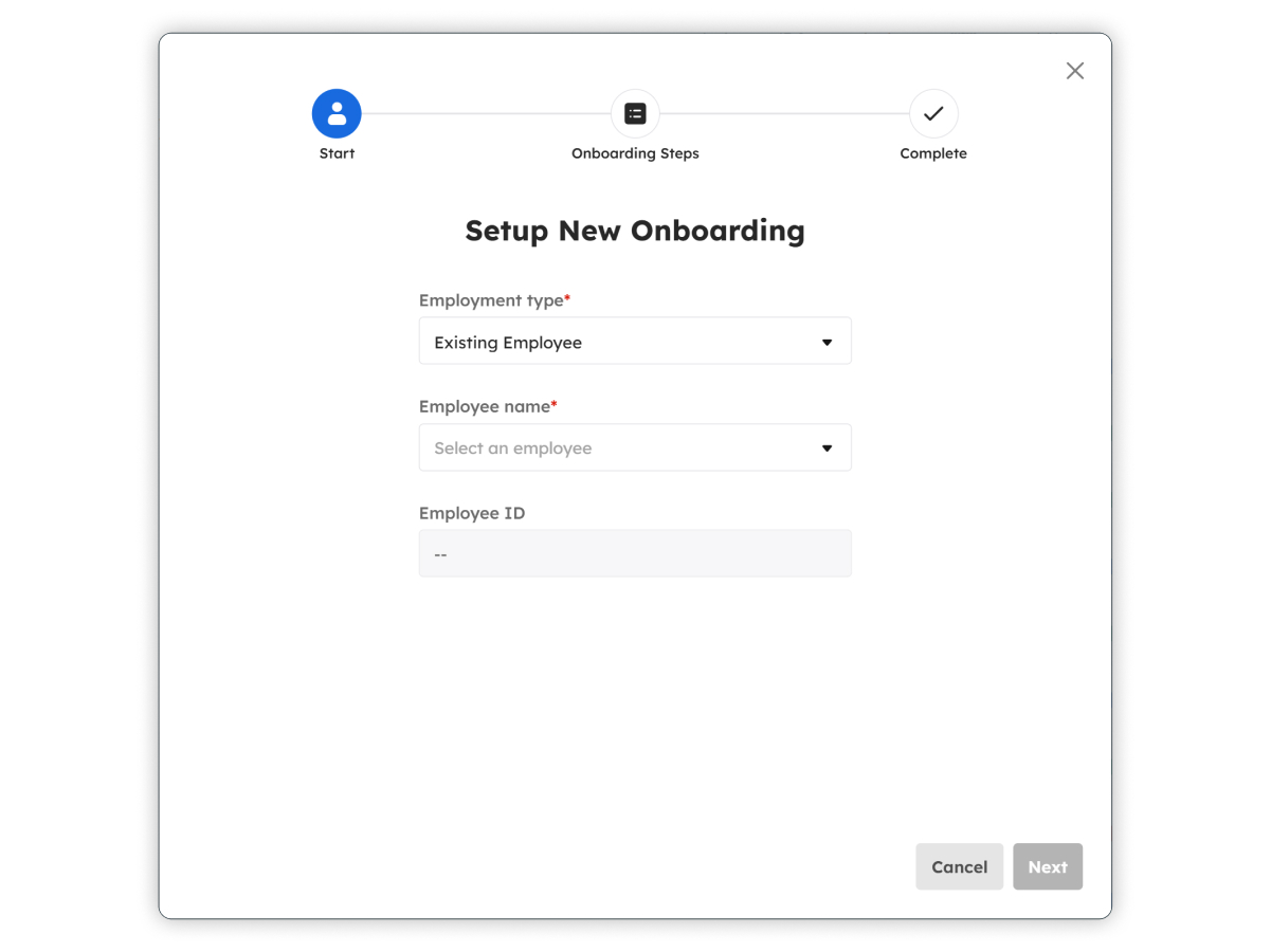 Setup Existing Employee Onboarding modal