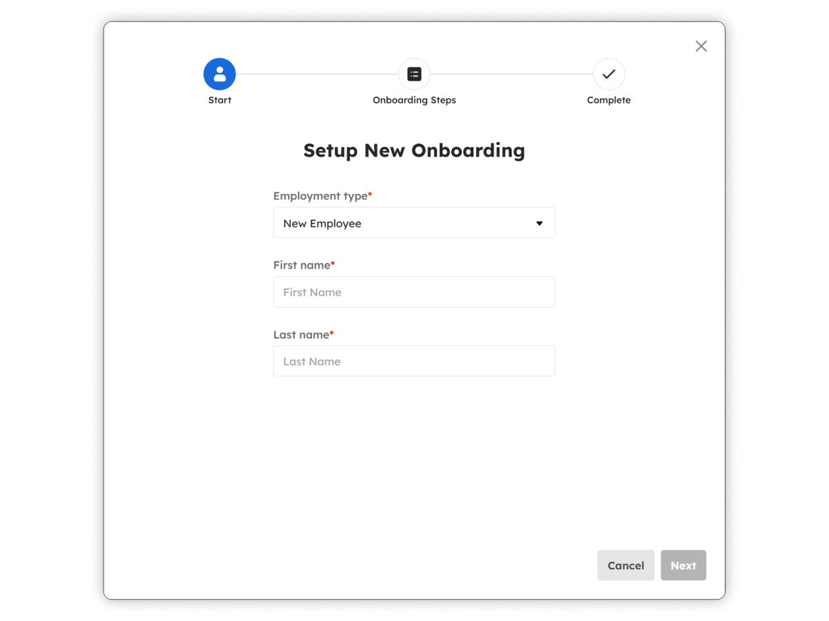 Setup New Employee Onboarding modal