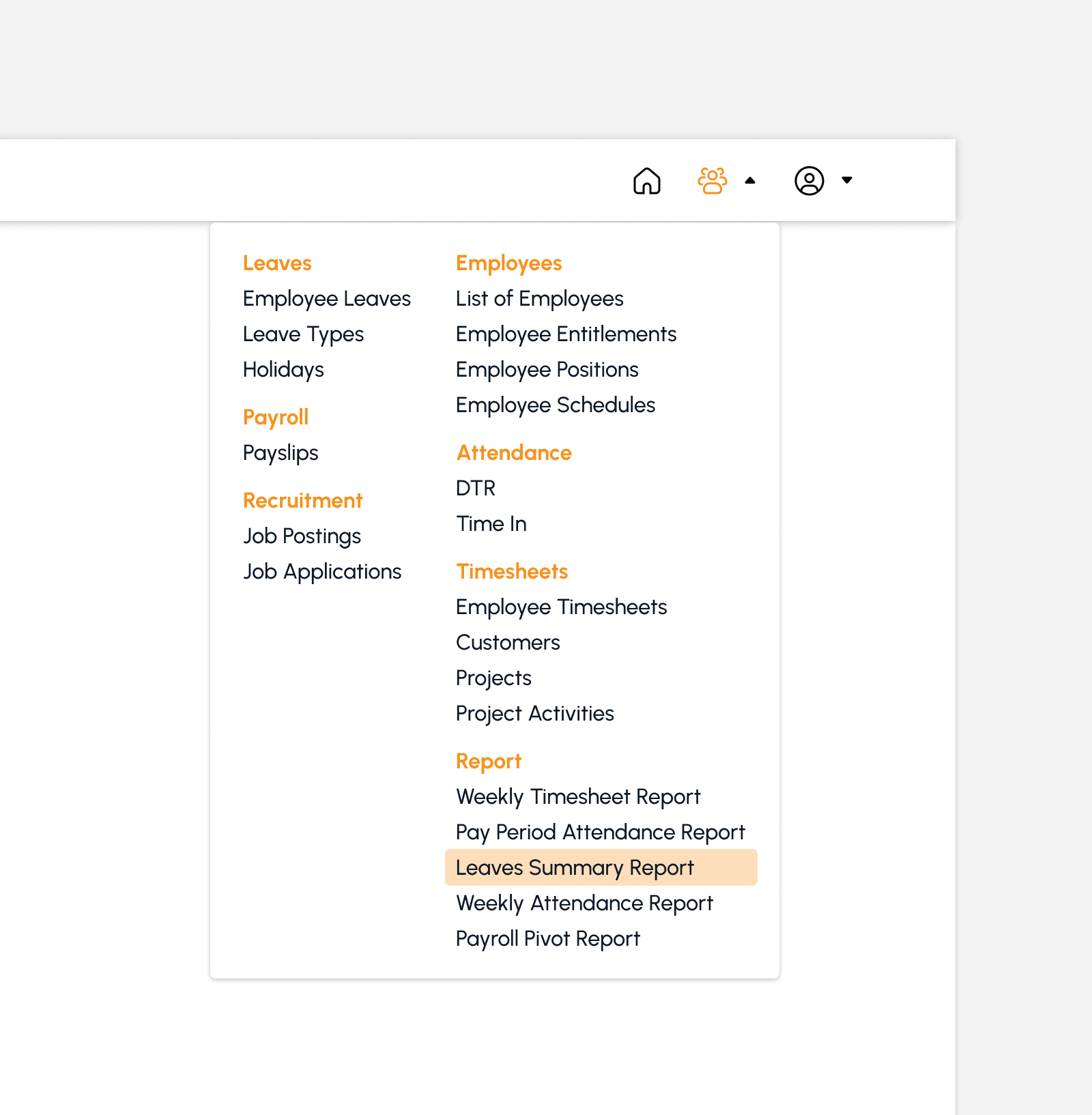 Leaves Summary Report menu item