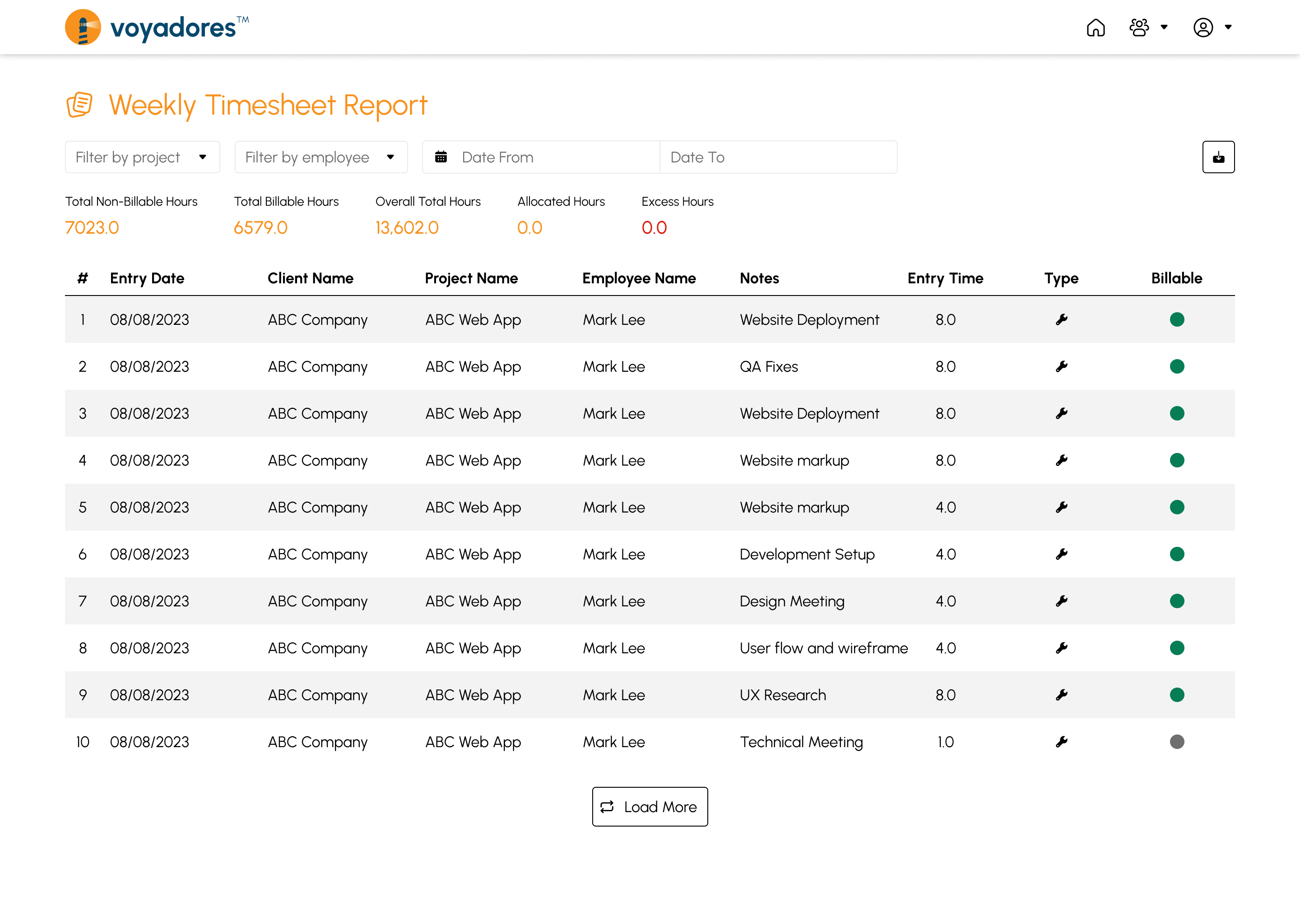 Weekly Timesheet Report page