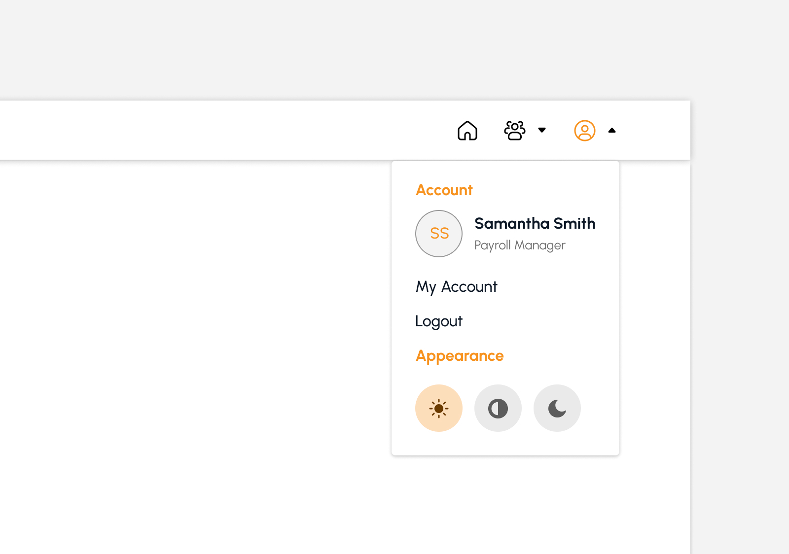 Payroll Manager's account menu