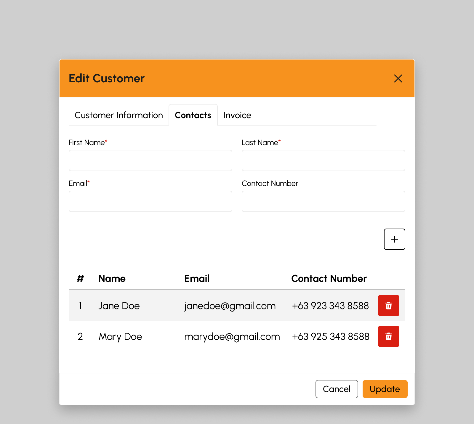 Edit Customer Contacts modal