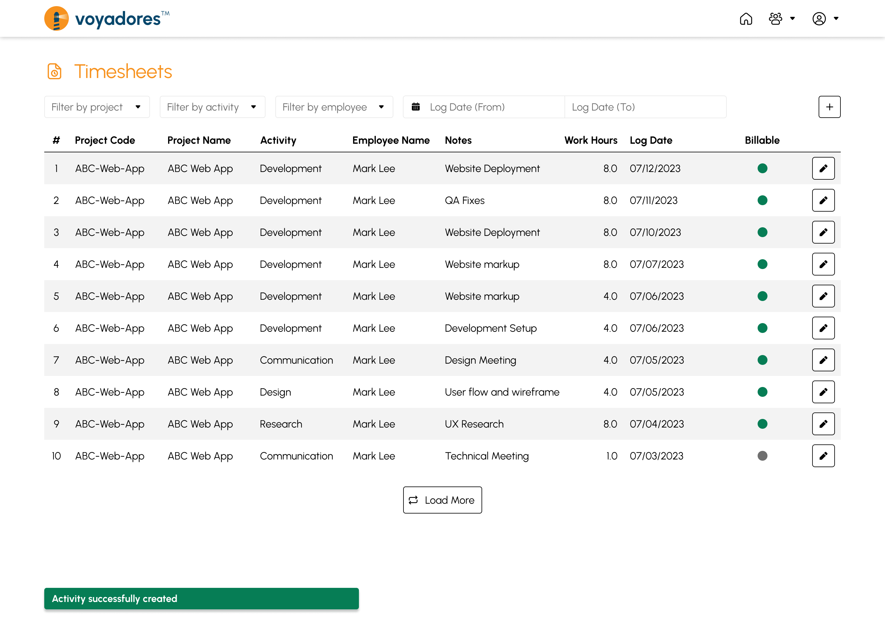 Employee Timesheets page