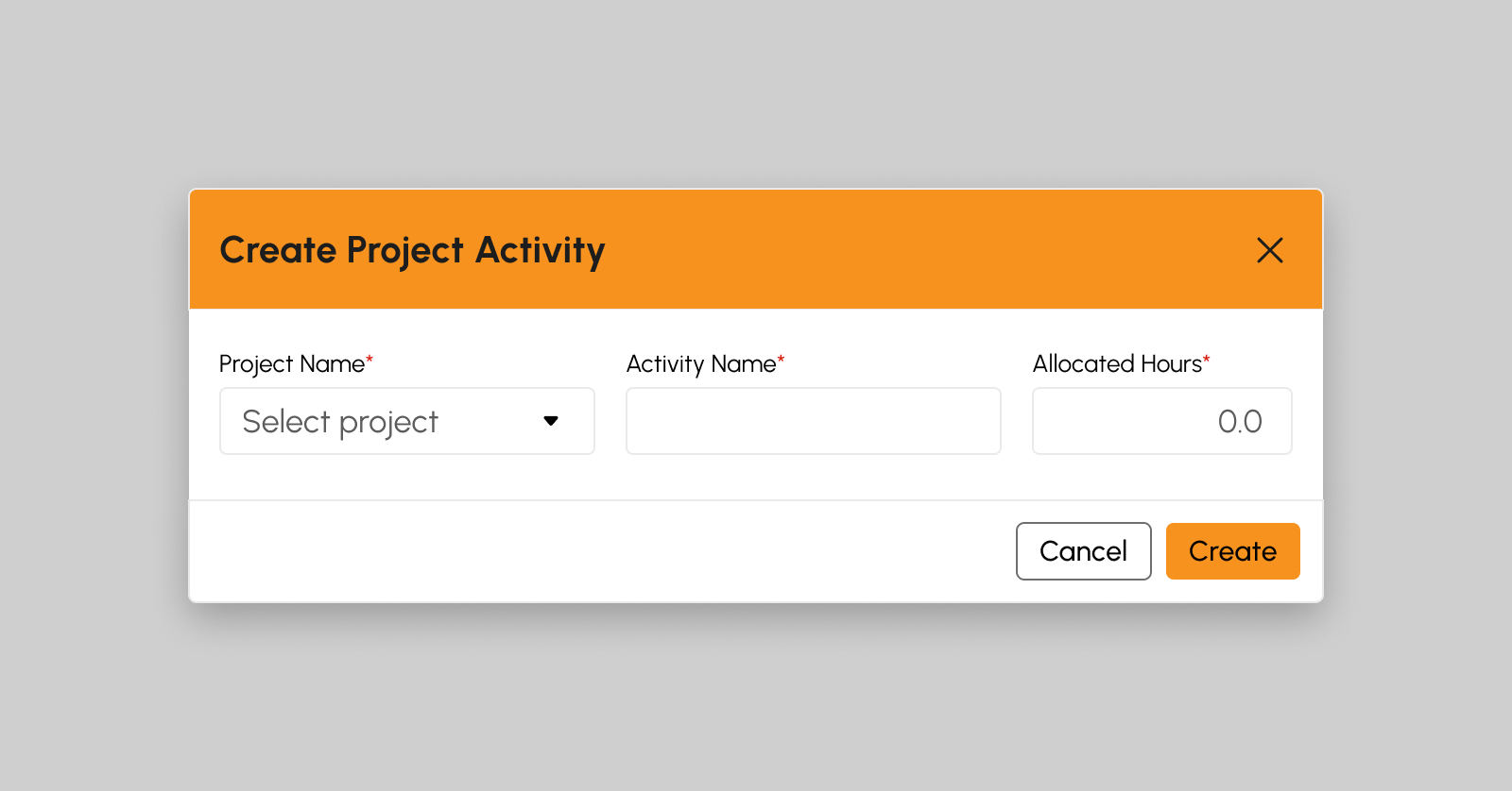 Create Project Activity modal