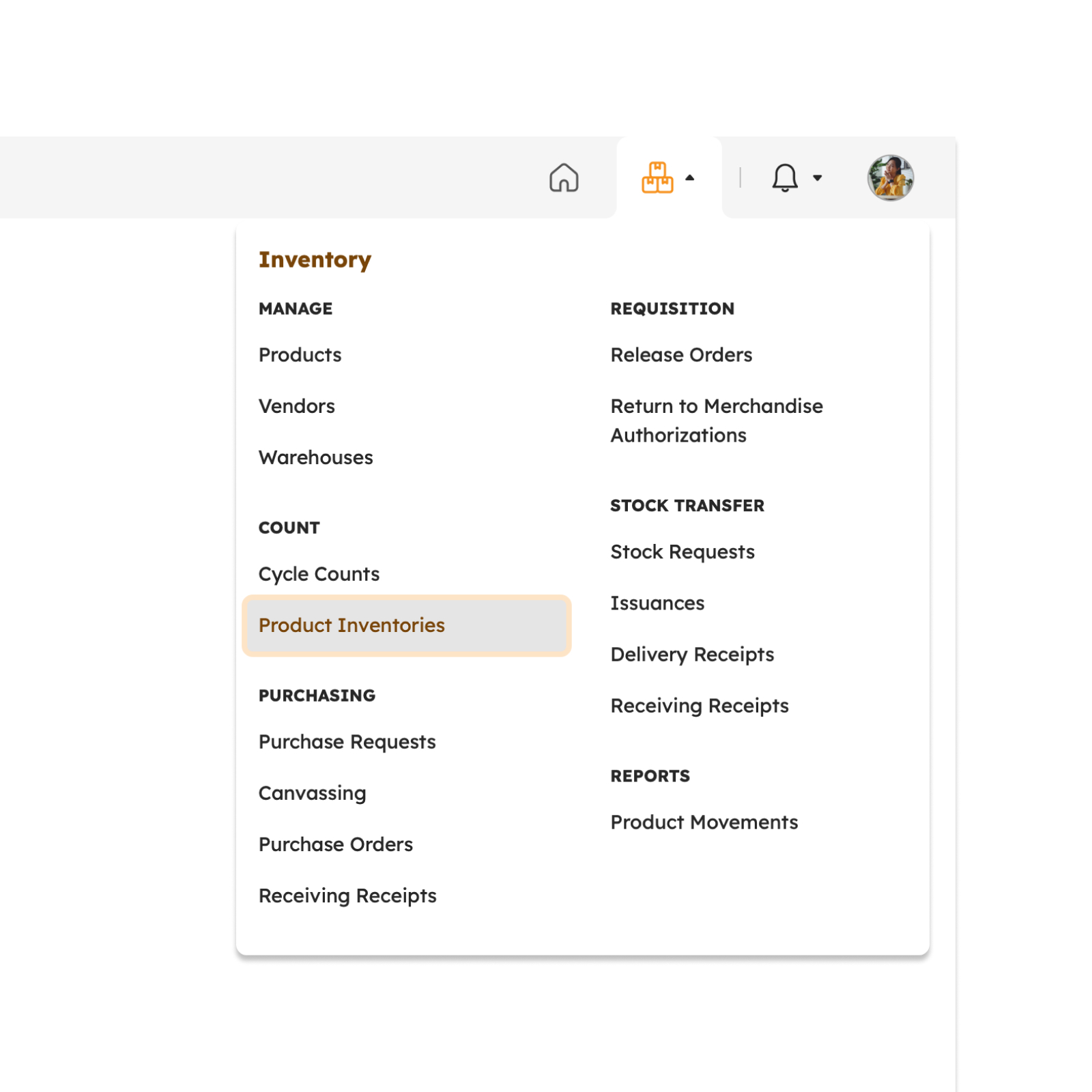 Product Inventories menu item