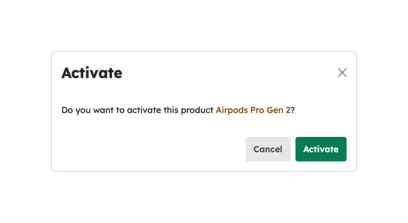 Activate Product modal