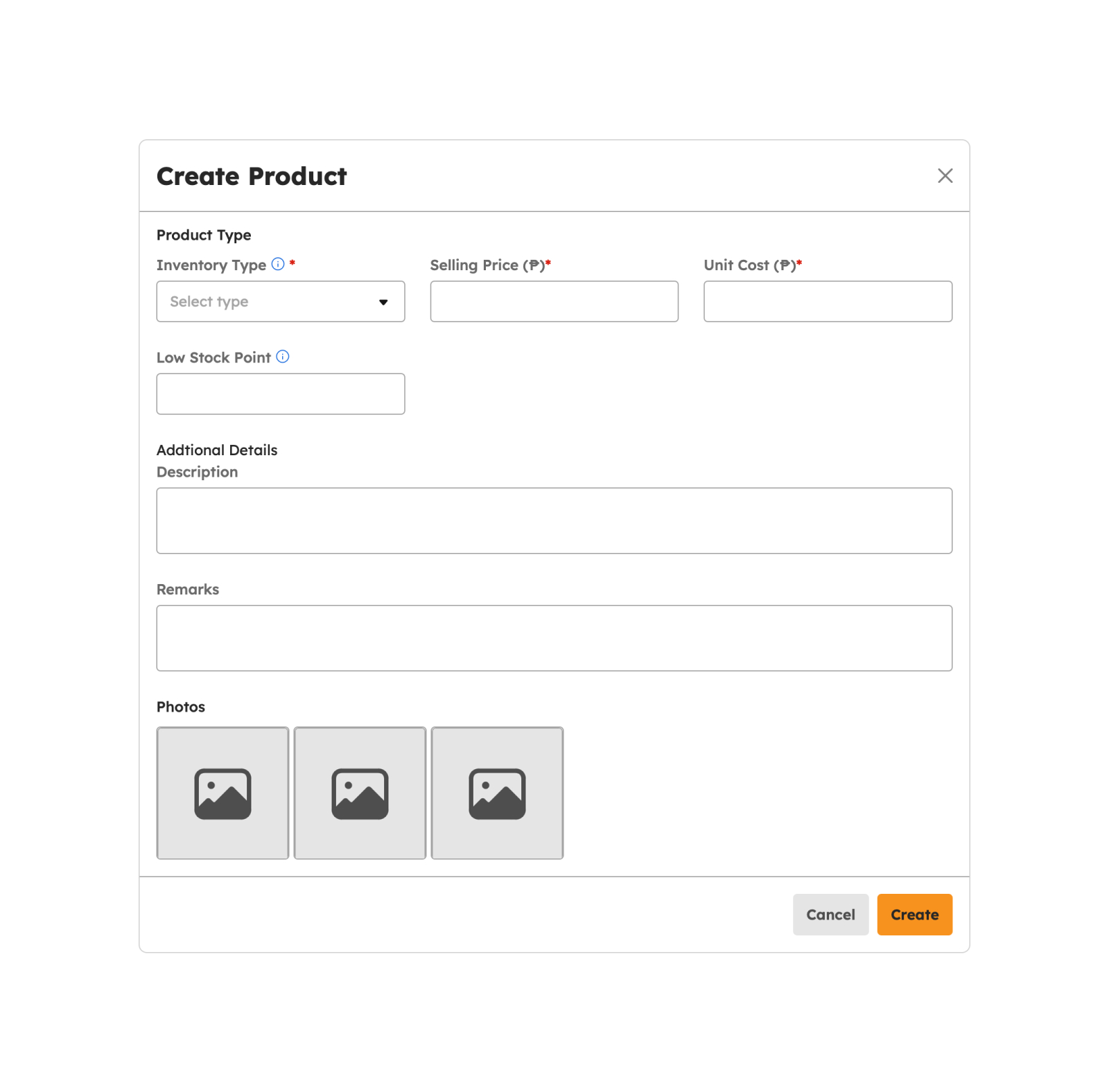 Create Products modal