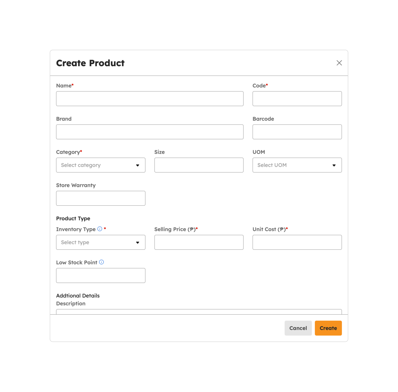 Create Products modal