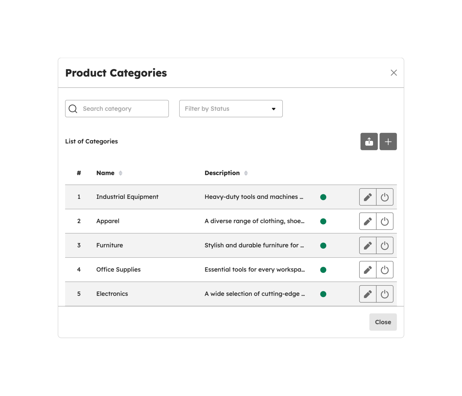 Manage Products Categories modal