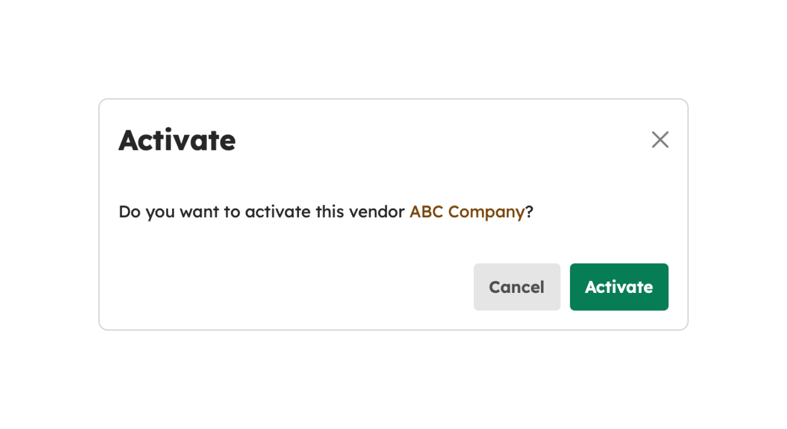 Activate Vendor modal