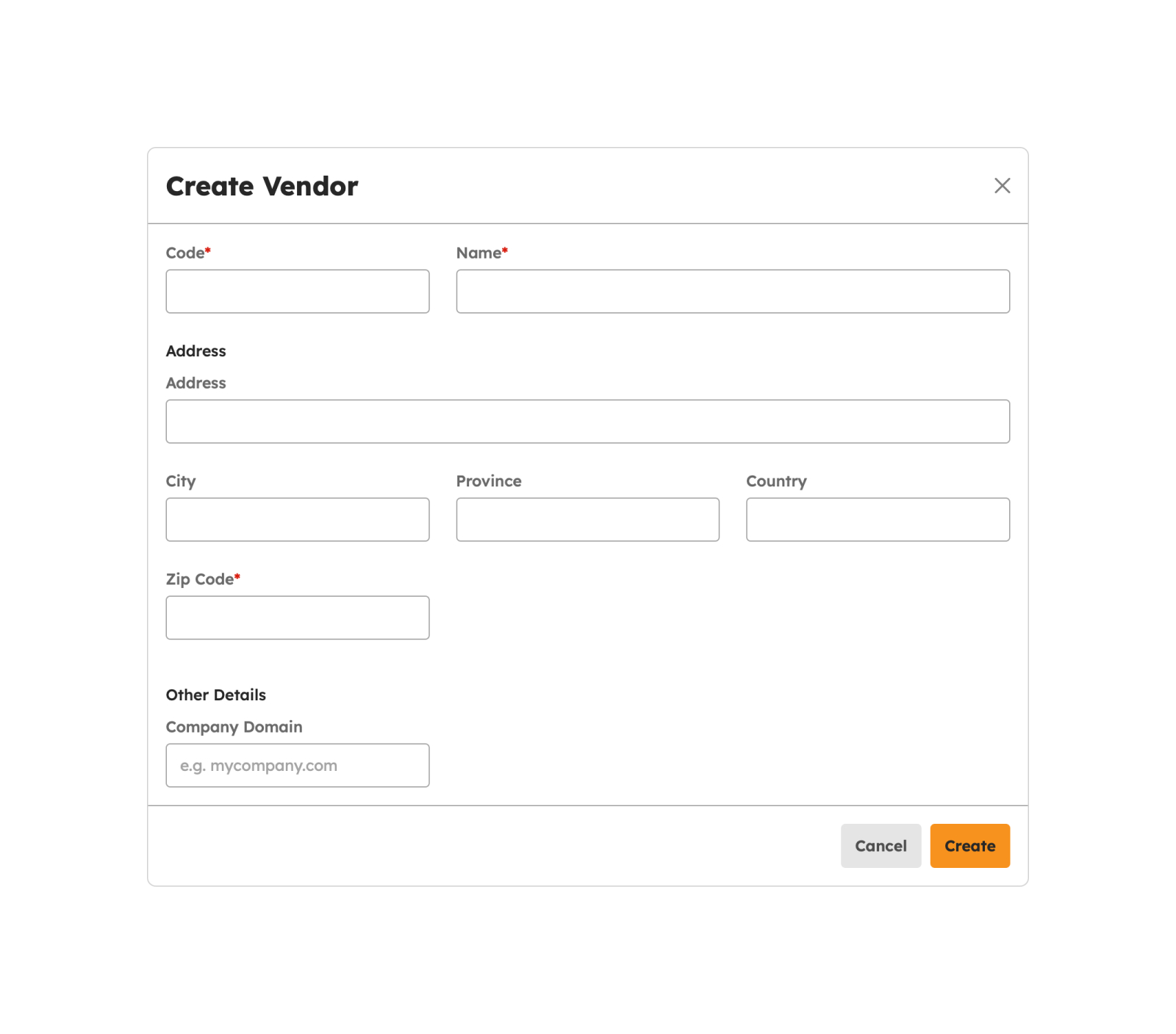 Create Vendor modal