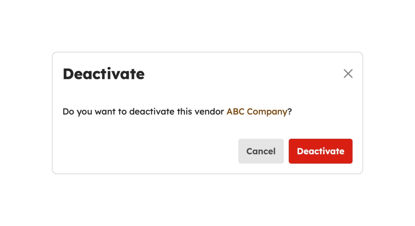 Deactivate Vendor modal