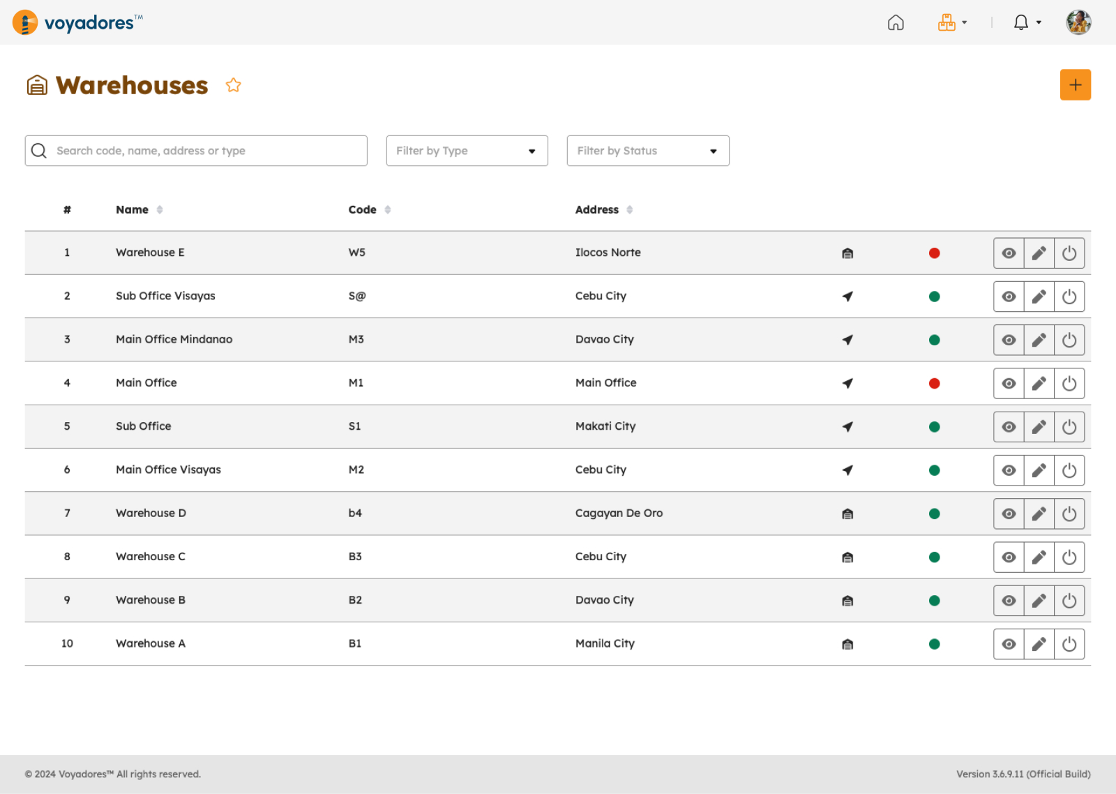 Warehouses page