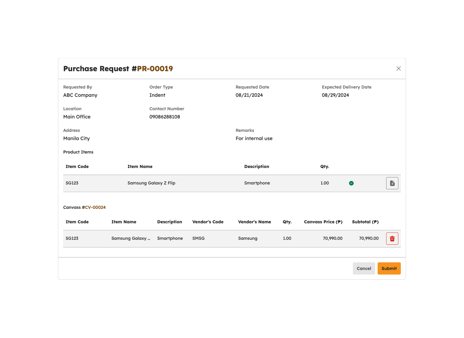 Create Canvass for Purchase Request