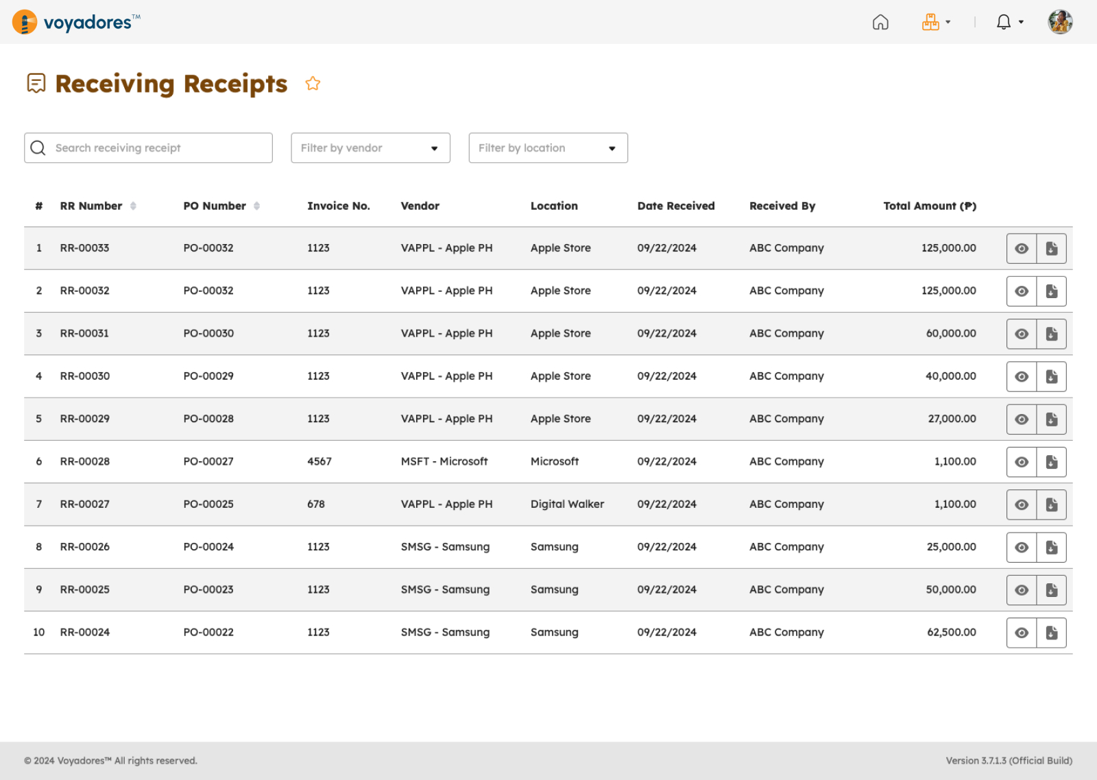 Receiving Receipts Page