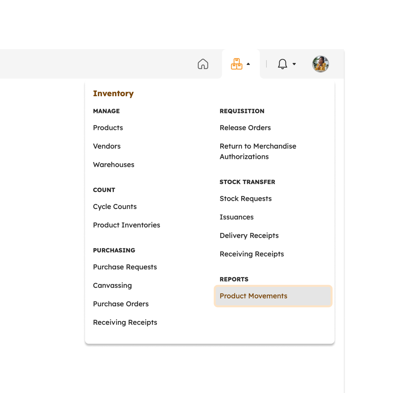 Product Movements menu item