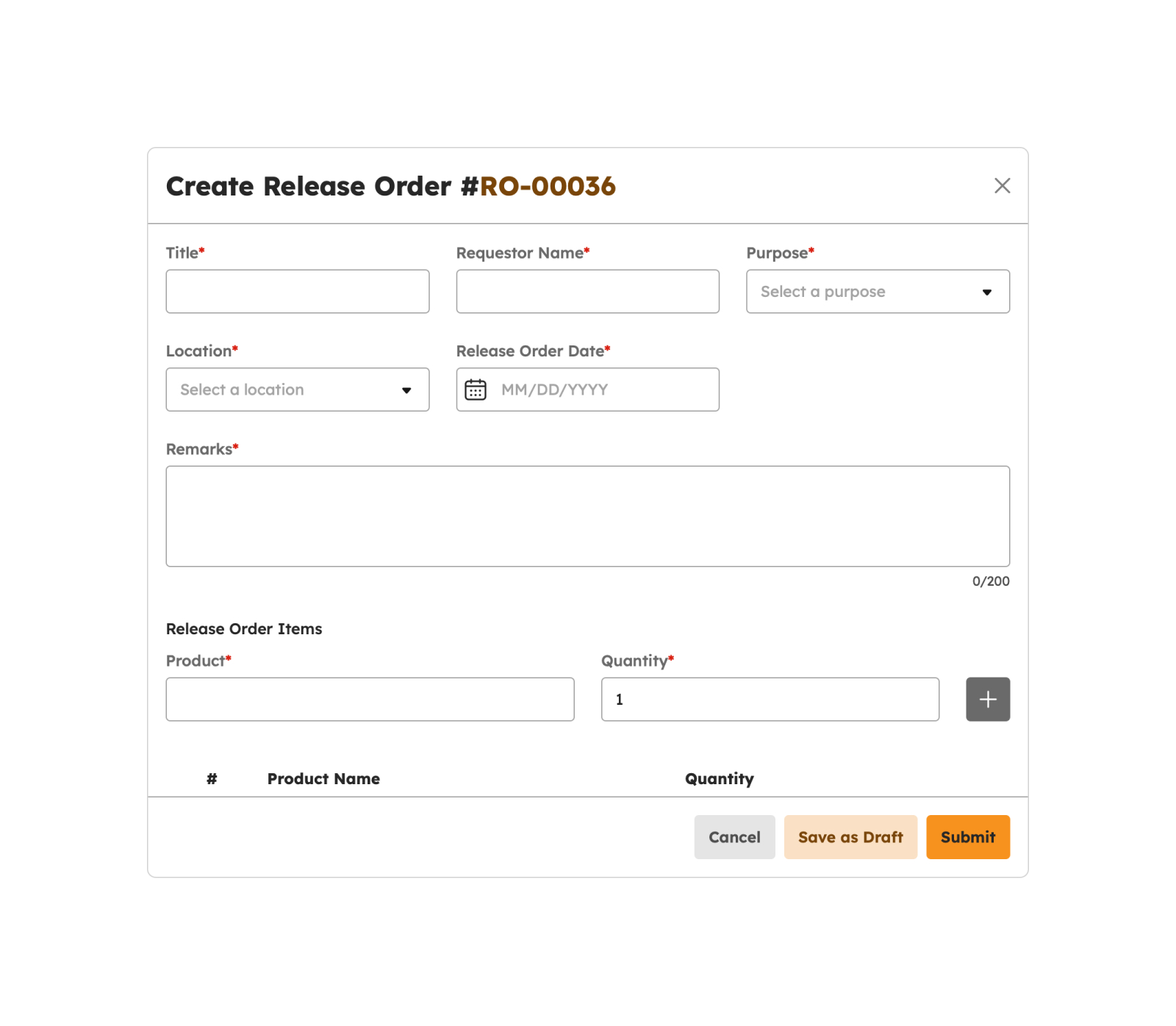 Create Release Order modal