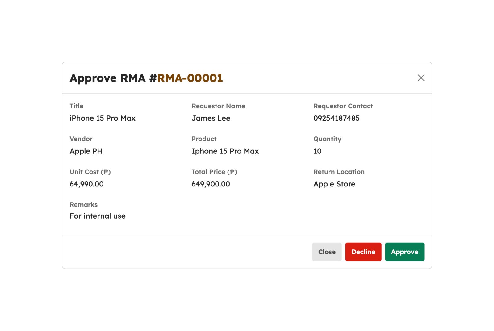 Approve Return to Merchandise Authorization modal