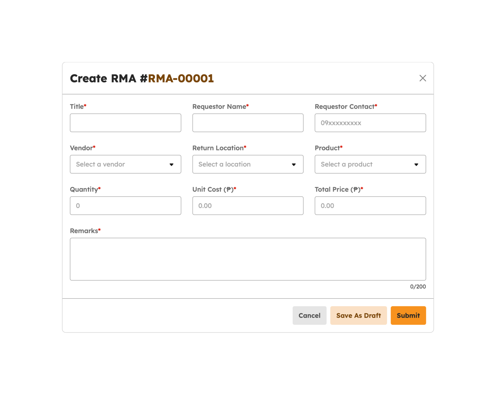 Create Return to Merchandise Authorization modal