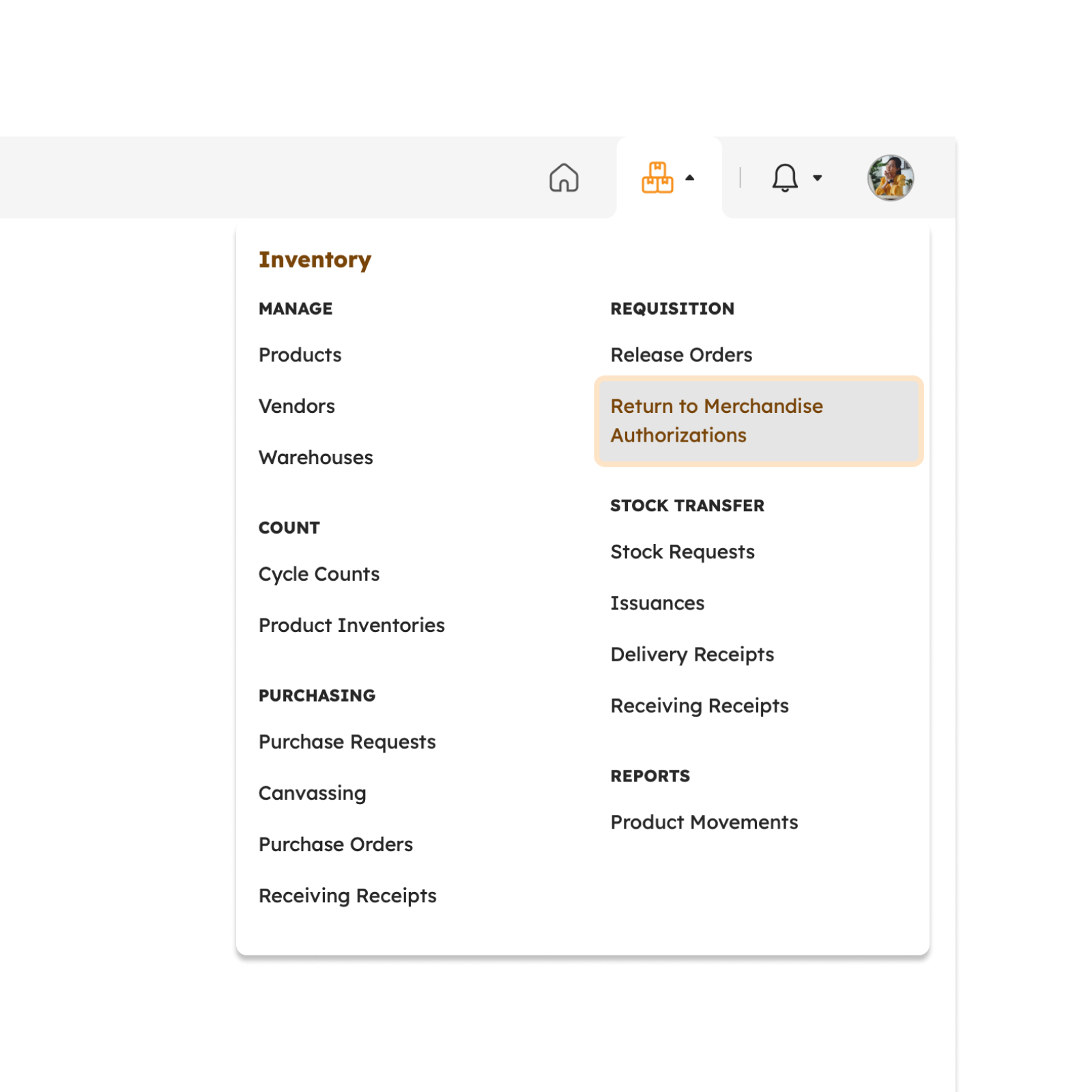 Return to Merchandise Authorizations menu item