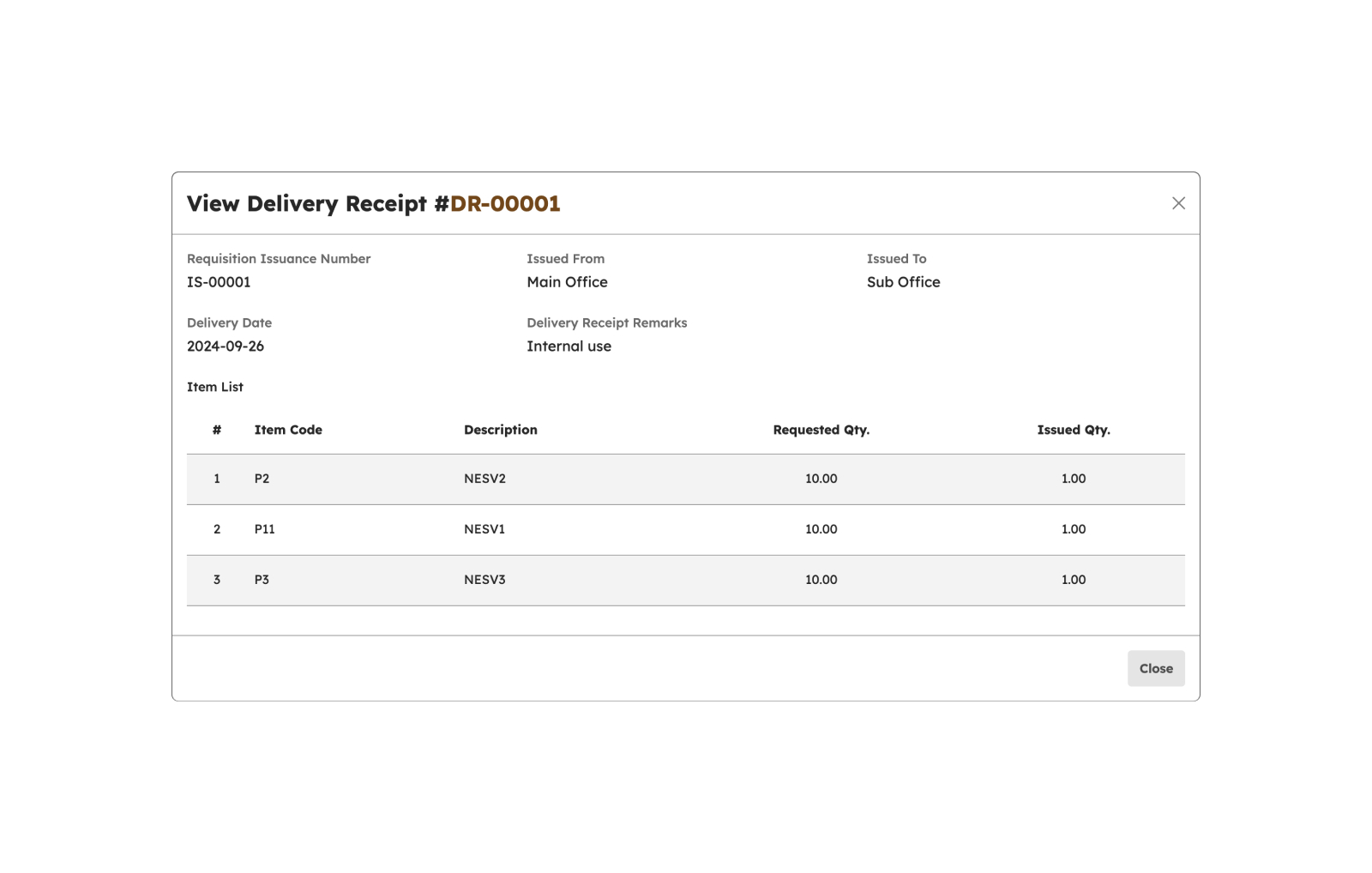 View Delivery Receipt