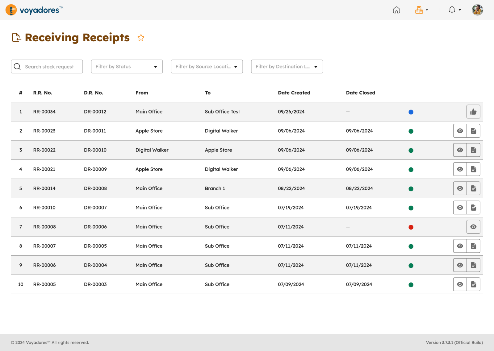 Receiving Receipts Page