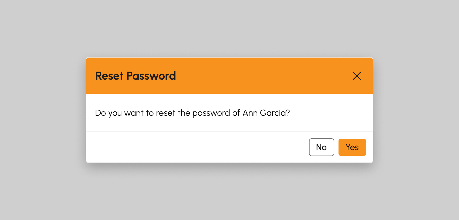 Reset User Account Password modal